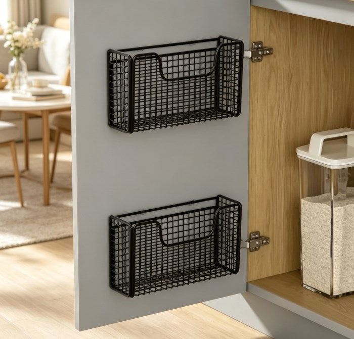Punch-Free Kitchen Storage Rack | Metal Cabinet Door Hanging Basket | Plastic Wrap & Spice Holder | Multi-Functional Home & Fridge Organizer