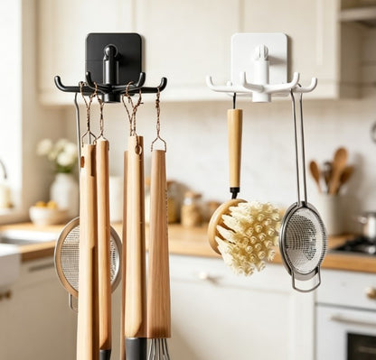 360° Rotating Kitchen Hooks - Self-Adhesive Wall Mount Storage Rack - Multi-Purpose Hanging Organizer for Kitchen Utensils, Bathroom & Home Organization