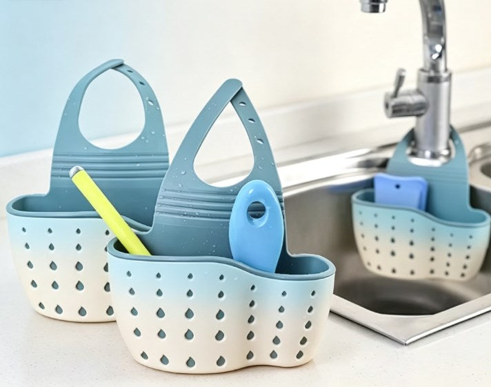 Adjustable Kitchen Sink Caddy - Premium Silicone Hanging Drain Basket - Double-Layer Faucet Organizer for Sponges, Soap & Scrubbers - Flexible Quick-Drying Storage for Kitchen & Bathroom