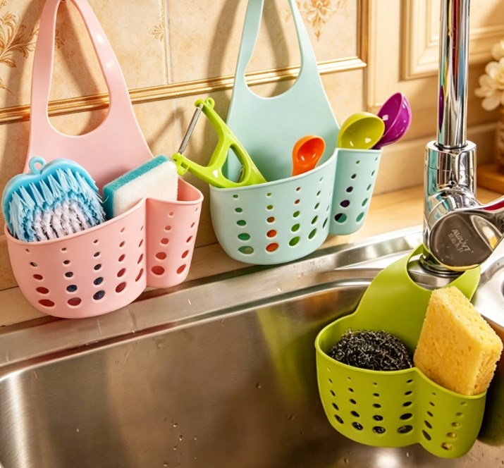 Adjustable Kitchen Sink Caddy - Premium Silicone Hanging Drain Basket - Double-Layer Faucet Organizer for Sponges, Soap & Scrubbers - Flexible Quick-Drying Storage for Kitchen & Bathroom