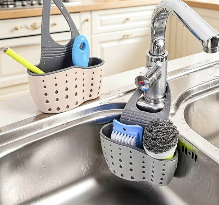 Adjustable Kitchen Sink Caddy - Premium Silicone Hanging Drain Basket - Double-Layer Faucet Organizer for Sponges, Soap & Scrubbers - Flexible Quick-Drying Storage for Kitchen & Bathroom