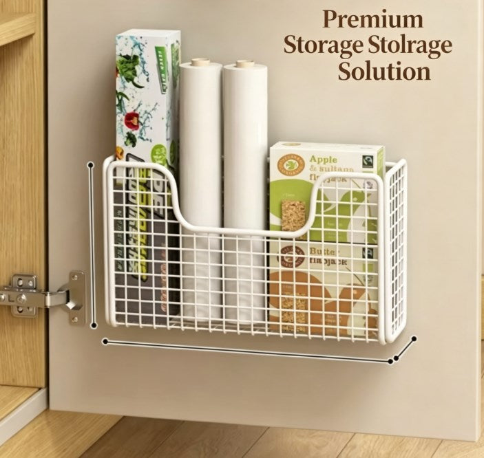 Punch-Free Kitchen Storage Rack | Metal Cabinet Door Hanging Basket | Plastic Wrap & Spice Holder | Multi-Functional Home & Fridge Organizer