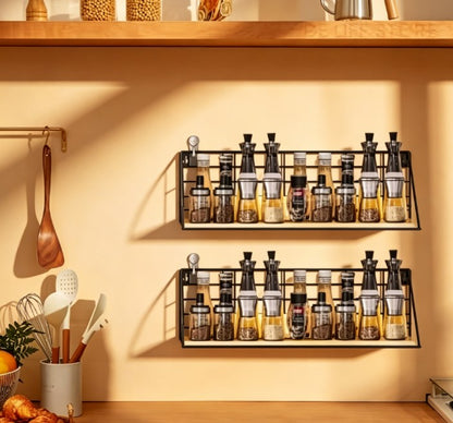 Rustic Wooden Spice Rack - Wall Mounted Kitchen Seasoning Organizer - Farmhouse Style Wood Storage Shelf for Spice Jars & Bottles