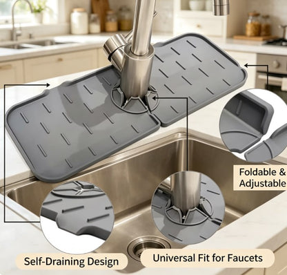 Silicone Faucet Splash Guard & Drain Pad - Self-Draining Sink Mat for Kitchen & Bathroom - Countertop Protective Organizer for Sponge, Soap & Dish Scrubber