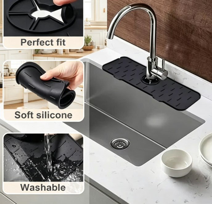 Silicone Faucet Splash Guard & Drain Pad - Self-Draining Sink Mat for Kitchen & Bathroom - Countertop Protective Organizer for Sponge, Soap & Dish Scrubber