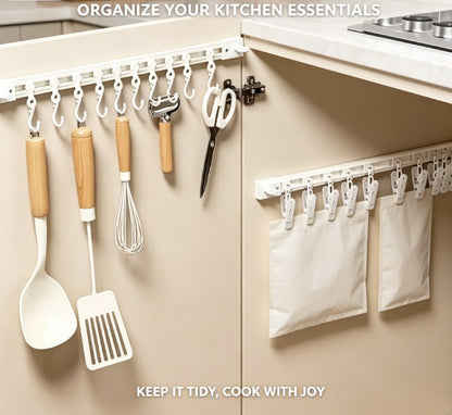 Sliding Under-Cabinet Hooks - Pull-Out Kitchen Storage Track Rack - No-Drill Adhesive Hanger for Cabinet Doors, Wardrobes & Closets