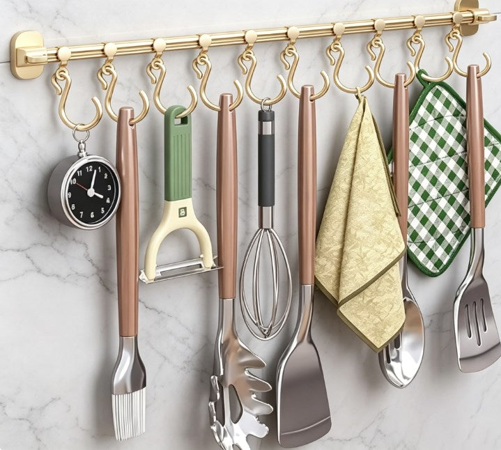 Sliding Under-Cabinet Hooks - Pull-Out Kitchen Storage Track Rack - No-Drill Adhesive Hanger for Cabinet Doors, Wardrobes & Closets